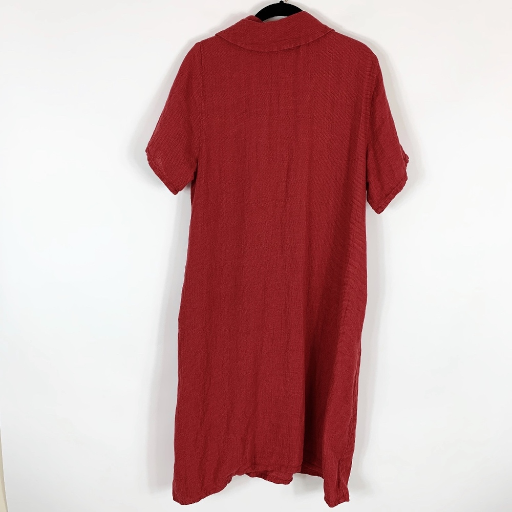 Flax Dress Med Red Collar Linen Red Asymmetrical - Picture 6 of 6